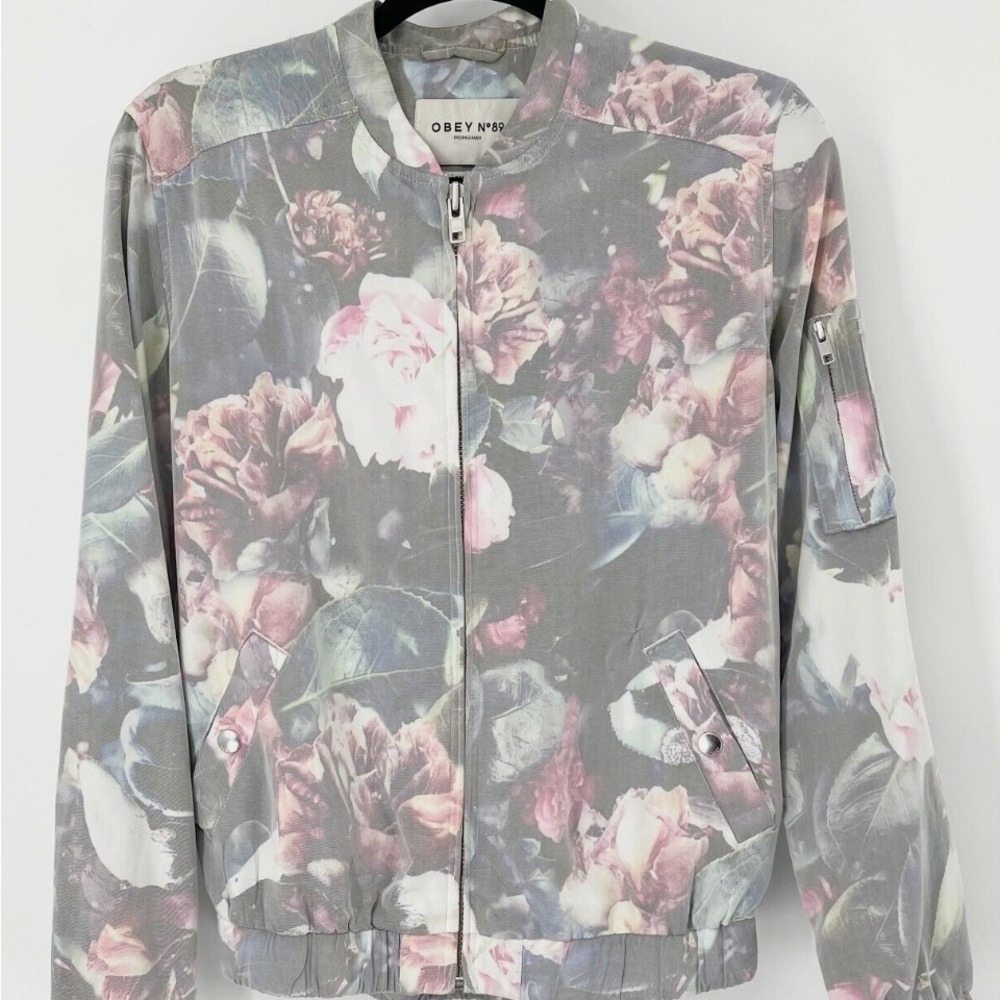 Obey Gray and Pink Bomber Jacket with Floral Design